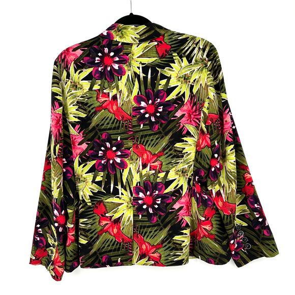 Chicos Jacket Womens Large 2 Black Floral Blazer Tropical Button Green Colorful - Picture 3 of 9